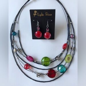 Multi-Color Glass Bead Layered Necklace with Red Glass Drop Earrings
